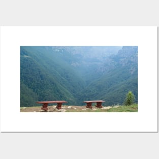 Two wooden benches with a view of beautiful mountain Posters and Art